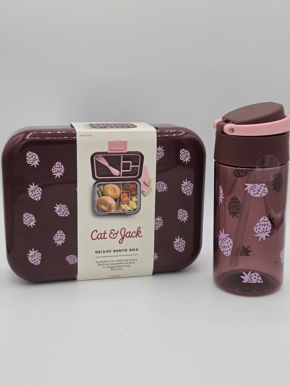 Cat & Jack Deluxe Bento Box 24oz 4-Comp w/ Bottle & Utensils Strawberry